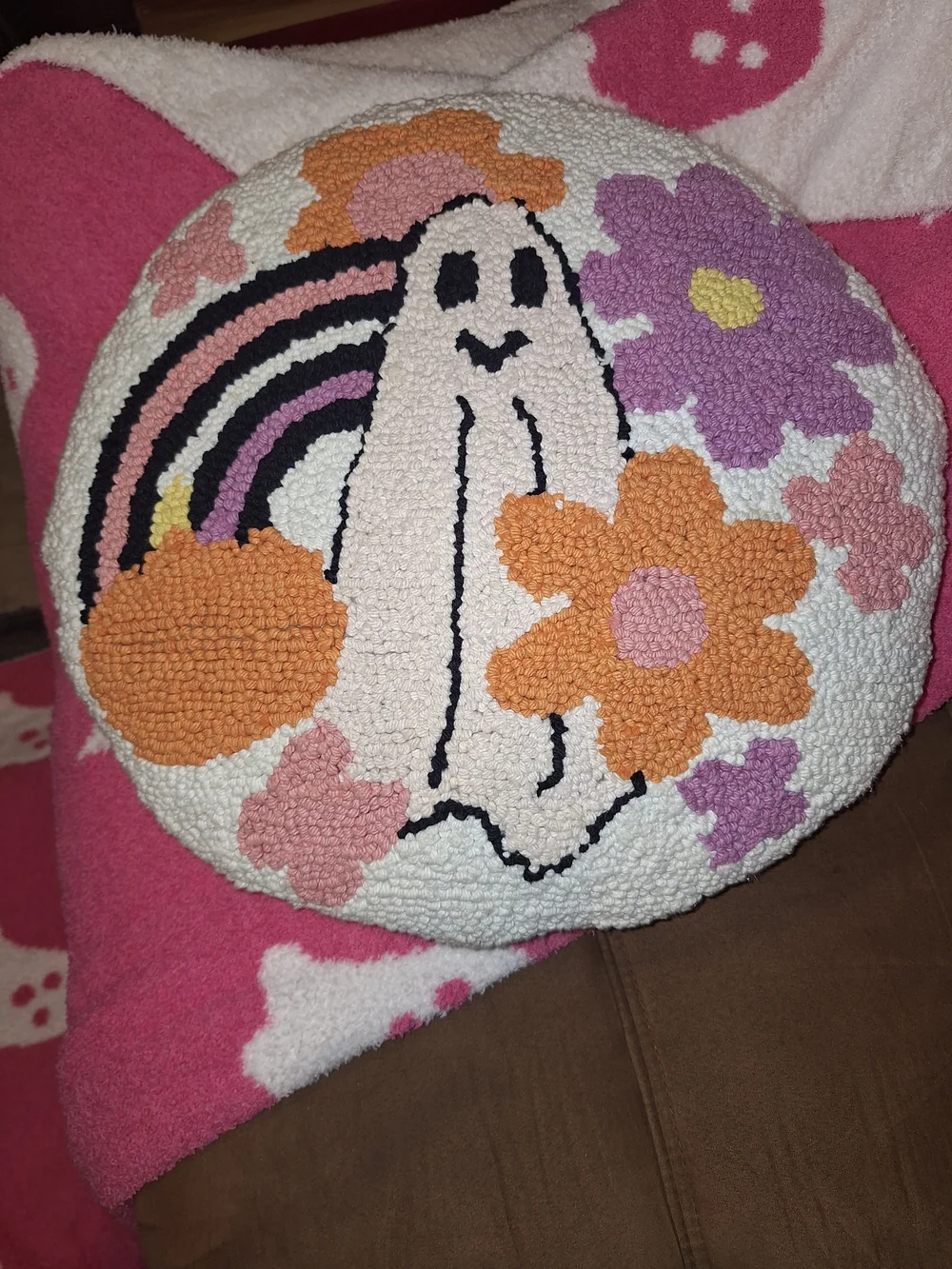 EUC Pastel Halloween Bundle! Reversible Pink Ghost Blanket & Groovy Pillow
